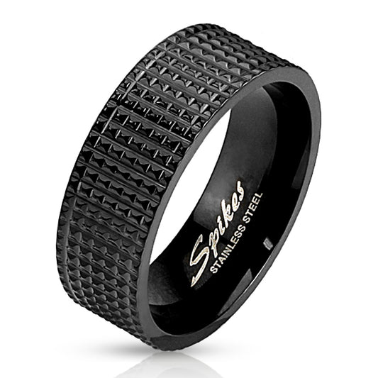 Pyramid Spikes Black IP Band Ring Stainless Steel  RS1416 - Unleashed Jewelry