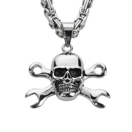 Skull and wrenches pendant with chain - Unleashed Jewelry