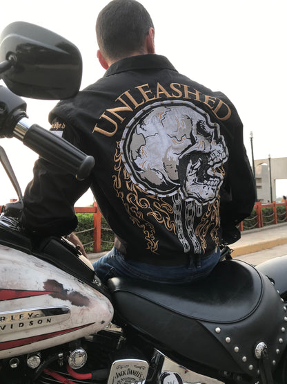 UNLEASHED CHAINED SKULL BIKER SHIRT - Unleashed Jewelry