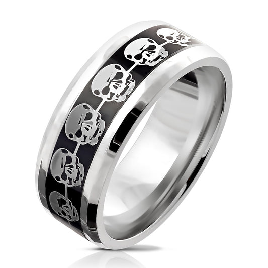 Silver Skulls on Black Inlay Stainless Steel Ring  RM6035 - Unleashed Jewelry