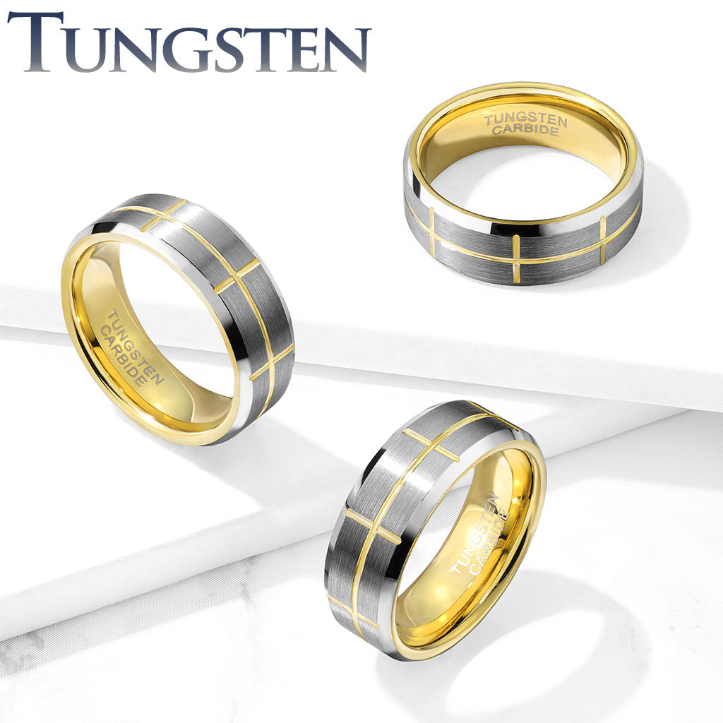 Tungsten Ring Matte with gold crosses - Unleashed Jewelry