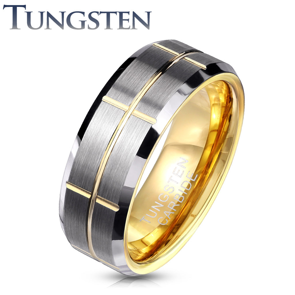 Tungsten Ring Matte with gold crosses - Unleashed Jewelry